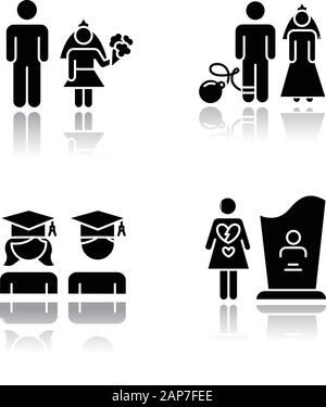 Gender equality drop shadow black glyph icons set. Child marriage. Education equality. Couple relationship. Forced marriage. College graduate. Materna Stock Vector