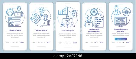 Software testing roles onboarding mobile app page screen vector template. Qulity control experts. Walkthrough website steps with linear illustrations. Stock Vector