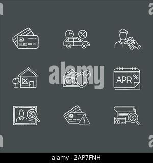 Credit chalk icons set. Annual percentage rate report. Plastic credit card. Insurance program. Home, car loan. Personal creditworthiness. Borrow cash, Stock Vector