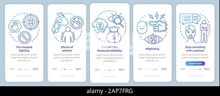 Relationship in trouble onboarding mobile app page screen with linear concepts. Nitpicking problem walkthrough steps graphic instructions. UX, UI, GUI Stock Vector