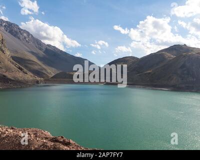 Mountains and peaks landscape. Lake of Yeso. Cajon del Maipo. Santiago of Chile Stock Photo