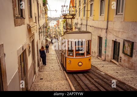 Lisbon, Portugal - Historic cable car on it's way down Stock Photo