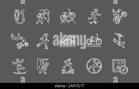 Extreme sports chalk icons set. Climbing, mountaineering. Spelunking. Cycling, rollerskating. Motorcar racing. Street culture. Orienteering skill. Iso Stock Vector