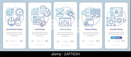 Non-functional software testing onboarding mobile app page screen vector template. Program analysis. Walkthrough website steps with linear illustratio Stock Vector