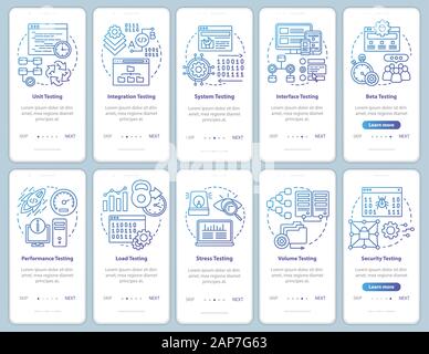 Software testing onboarding mobile app page screen vector template. Performance and usability analysis. Walkthrough website steps with linear illustra Stock Vector