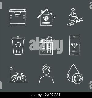 Apartment amenities chalk icons set. Storage, smart home, wheelchair access, recycling, rooftop deck, iInternet access, bike parking, spa, water filtr Stock Vector