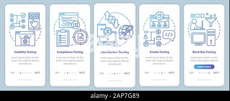 Non-functional software testing onboarding mobile app page screen vector template. Usability analysis. Walkthrough website steps with linear illustrat Stock Vector