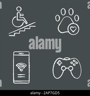 Apartment amenities chalk icons set. Wheelchair access, pets allowed, game room, free wifi. Property conveniences for millennial renters. Residential Stock Vector