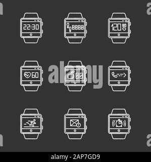 Fitness tracker functions chalk icons set. Wristband smartwatch capabilities and wellness services. Running health applications, tracking steps, heart Stock Vector