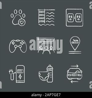 Apartment amenities chalk icons set. Pets allowed, swimming pool, charging outlet, game room, movie theater, smoking allowed, ev charging, nursery, ca Stock Vector