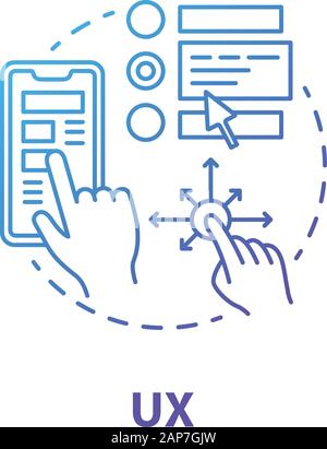 UX concept icon. Software development tools idea thin line illustration. Graphic interface for better user experience. Mobile device app programming. Stock Vector