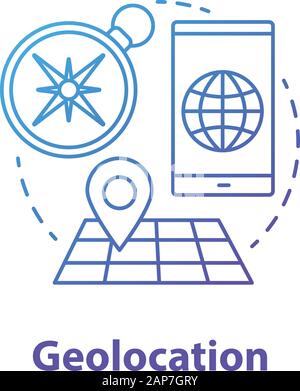 Geolocation concept icon. GPS navigation idea thin line illustration. Search route, choose travel destination. Map with geotag. Navigator application. Stock Vector