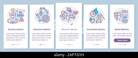 Types robotics onboarding mobile app page screen with linear concepts. Guard, industrial, medical, battle robots walkthrough steps graphic instruction Stock Vector