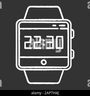Current time smartwatch chalk icon. Fitness wristband capability. Modern device. Clock, time measurement. Hours, minutes and seconds counting. Isolate Stock Vector