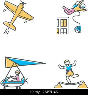 Air extreme sports color icons set. Aerobatics, base jumping, micro lighting and highlining. Outdoor activities. Adrenaline entertainment and risky re Stock Vector