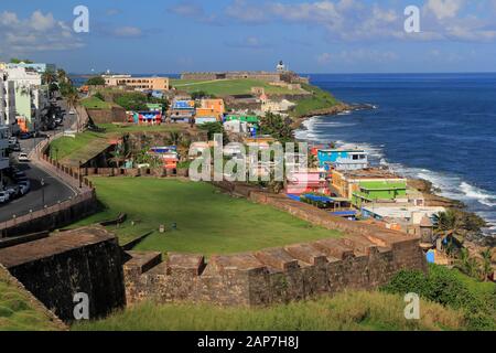 Massive walls punctuated by numerous sentry boxes, known in Spanish as guaritas, surround the Caribbean port city of Old San Juan in Puerto Rico Stock Photo