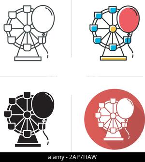 Entertainment industry icon. Recreation area. Amusement park. Funfair. Leisure sector. Ferris wheel and balloon. Flat design, linear and color styles. Stock Vector
