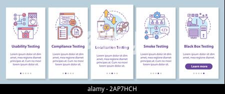 Non-functional software testing onboarding mobile app page screen with linear concepts. Usability analysis walkthrough steps graphic instructions. UX, Stock Vector