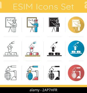 Industry types icons set. Education, pharmaceutical, arms sectors of economy. Goods and services production. Flat design, linear, black and color styl Stock Vector