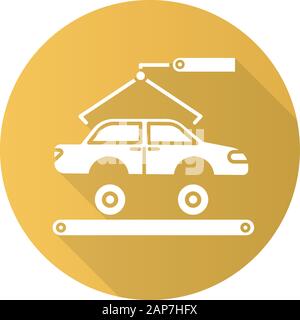 Automotive industry yellow flat design long shadow glyph icon. Car production. Vehicle factory. Automobile repair, fix services. Auto facility with cr Stock Vector