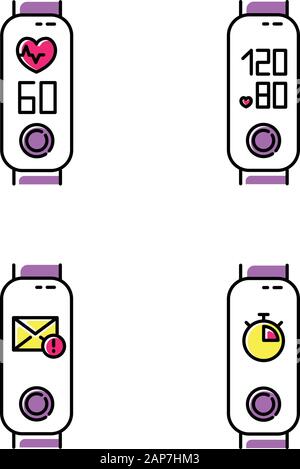 Fitness tracker health monitoring color icons set. Wellness gadget with blood pressure and heart rate indicators. Mail notification and stopwatch pict Stock Vector