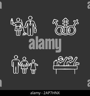 Gender equality chalk icons set. Politic rights. Transgender people, LGBTQ community. Female, male, trans sign. Gender stereotypes. Family planning. I