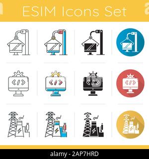 Industry types icons set. Computer, software, energy sectors of economy. Technology development. Businesses activities. Flat design, linear, black and Stock Vector