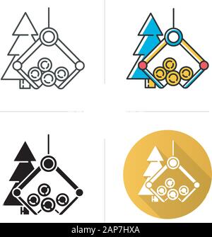 Timber industry icon. Logging sector. Wood production. Forestry management. Heavy lifting crane loading spruce logs. Flat design, linear and color sty Stock Vector