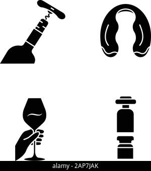 Winery and wine service glyph icons set. Hand holding glass of cocktail. Bottle, corkscrew. Decanter, foil cutter. Aperitif drink, alcohol beverage. S Stock Vector