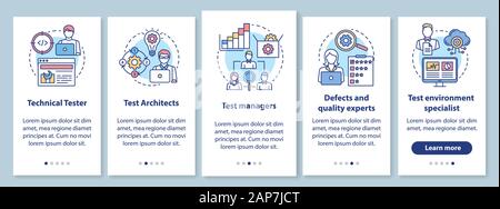 Software testing roles onboarding mobile app page screen with linear concepts. Qulity control experts walkthrough steps graphic instructions. UX, UI, Stock Vector