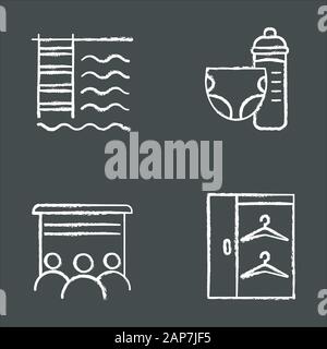 Apartment amenities chalk icons set. Swimming pool, toddler room, movie theater, walk-in closet. Residential services. Luxuries for dwelling inhabitan Stock Vector
