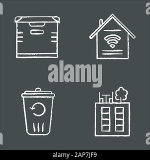 Apartment amenities chalk icons set. Smart home features, storage, recycling service, rooftop deck. Luxuries for dwelling inhabitants. Property conven Stock Vector