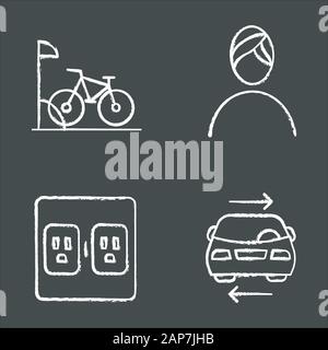 Apartment amenities chalk icons set. Bike parking, spa, shared car service, charging outlets. Residential services. Luxuries for dwelling inhabitants. Stock Vector