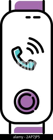Fitness tracker with incoming call on display color icon. Wellness device with ringing phone symbol. Portable gadget with active phone call notificati Stock Vector