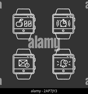 Fitness tracker functions chalk icons set. Wristband smartwatch capabilities and wellness services. Calories counter, stopwatch, notifications, messag Stock Vector