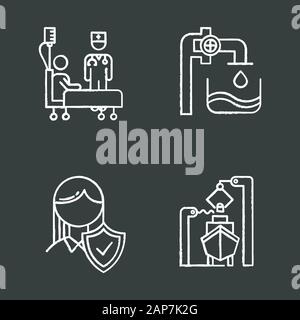 Industry types chalk icons set. Healthcare services. Water supply. Life insurance. Shipbuilding production. Boat, ship, marine vehicle. Clinic, medica Stock Vector