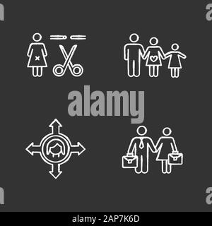 Gender equality chalk icons set. Forced sterilization. Woman's freedom of movement. Equal employment rights for woman, man. Family planning. Isolated