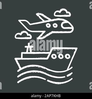 Transport industry chalk icon. Plane and ship. Boat on waves. Airplane in sky. Transportation, shipping. Travel, trip, voyage. Tourism business. Cruis Stock Vector