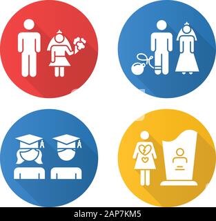 Gender equality flat design long shadow glyph icons set. Child marriage. Education equality. Couple relationship. Forced marriage. College graduate. M Stock Vector