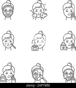 Skin care procedures linear icons set. Spot treatment for acne. Sunscreen. Mosturizing face cleanser. Thermal mask. Thin line contour symbols. Isolate Stock Vector