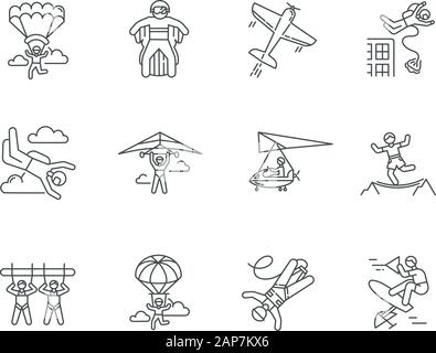 Air extreme sport linear icons set. Skydiving, parachuting, wingsuiting. Paragliding, aerobatics and bungee jumping. Thin line contour symbols. Isolat Stock Vector