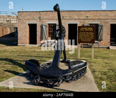 Anchor from USS Hartford Admiral Farragut's ship in historic Fort Gaines where the battle of Mobile Bay was fought, on Dauphin Island Alabama, USA.