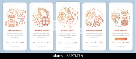 Types robotics onboarding mobile app page screen vector template. Guard, industrial, medical robots. Walkthrough website steps with linear illustratio Stock Vector