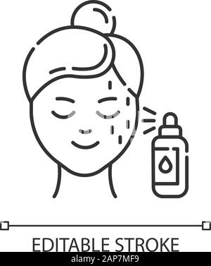 Beauty water linear icon. Skin care procedure. Facial beauty treatment. Spray product for moisturizing effect. Thin line illustration. Contour symbol. Stock Vector