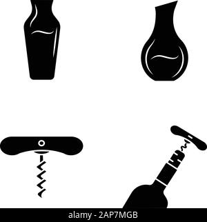 Winery glyph icons set. Different types of decanters. Corkscrew, bottle opening tools. Barman equipment. Alcohol beverage, aperitif drink. Silhouette Stock Vector