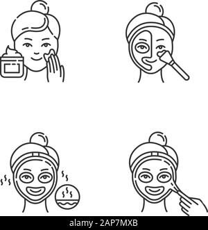 Skin care procedures linear icons set. Applying exfoliating cream. Using thermal mask to open up pores. Thin line contour symbols. Isolated vector out Stock Vector