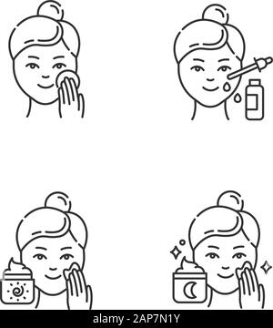 Skin care procedures linear icons set. Night sleeping cream. Facial serum. Sunscreen. Moisturizing, cleansing. Thin line contour symbols. Isolated vec Stock Vector