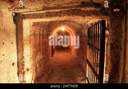 Secret passages, dark tunnels, and gloomy dungeons abound in Castillo San Cristobal, an extensive Spanish fortress located in San Juan, Puerto Rico Stock Photo