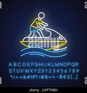 Jetskiing neon light icon. Summer activity. Jet ski riding. Man on water scooter. Watersports, extreme kind of sport. Glowing sign with alphabet, numb Stock Vector