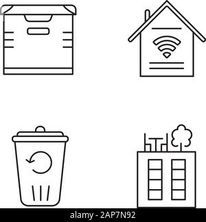 Apartment amenities linear icons set. Smart home features, storage, recycling service, rooftop deck. Property comfort. Thin line contour symbols. Isol Stock Vector